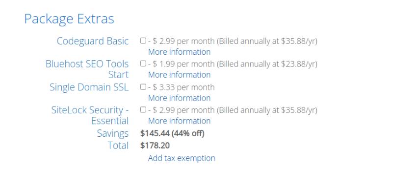 Bluehost Package Extras