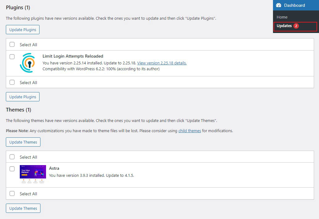 Update WordPress Themes and Plugins From WordPress Dashboard Update Screen