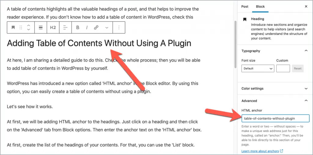Adding Anchor Tag to the Heading