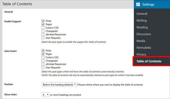 Table of Contents Settings