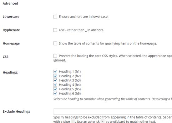 Advanced Settings of Table of Contents