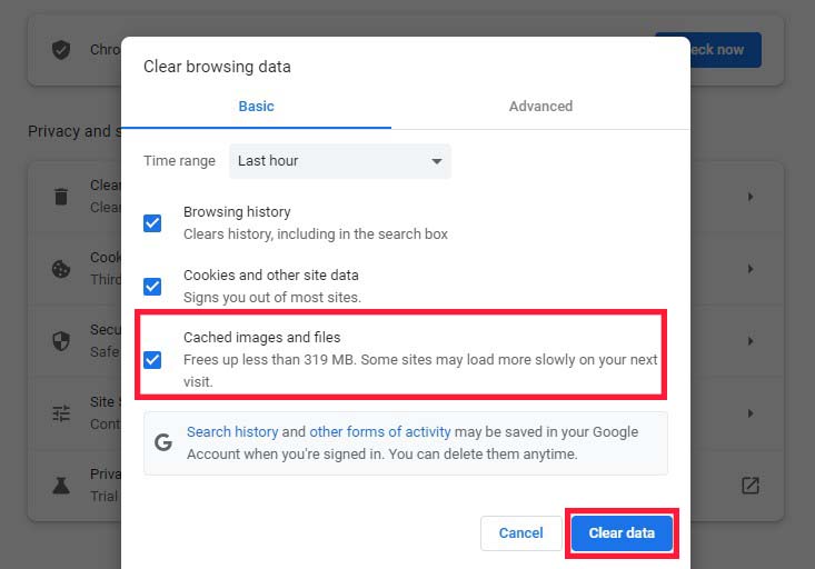 Clear Cached Images and Files in Google Chrome