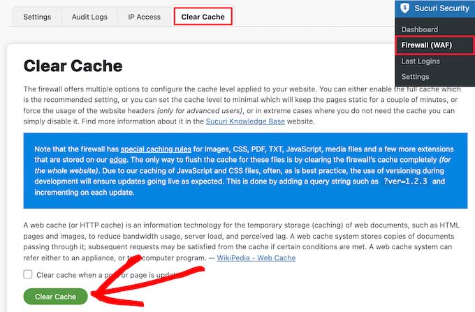 Clear Cache in Sucuri Plugin