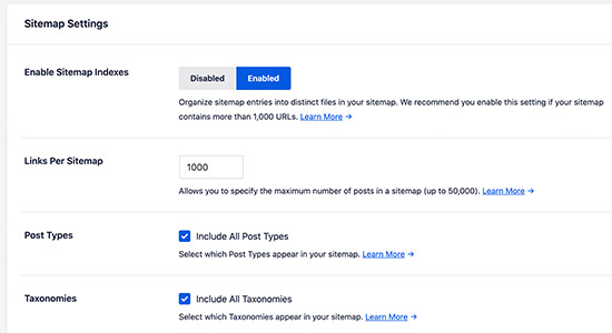 All in One SEO Sitemap Settings