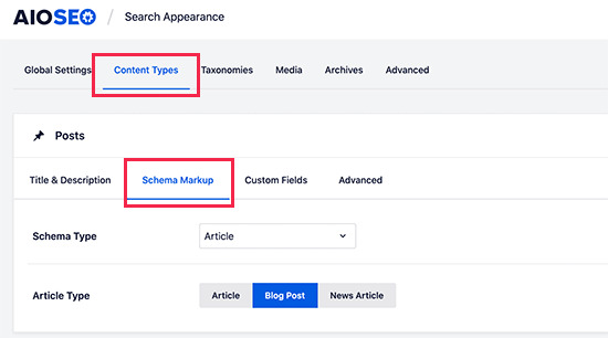 Default Schema Settings for Post types