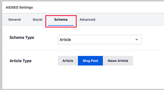 AIOSEO Schema Settings for Post or Page