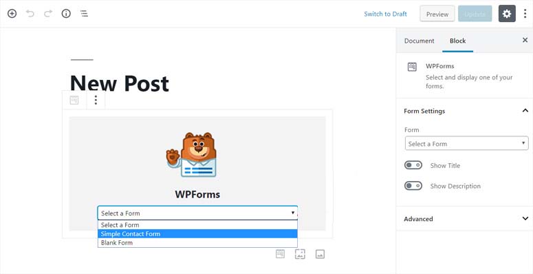 Select Form in WPForms Widget