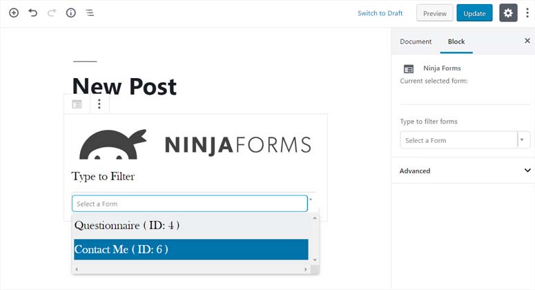Select Form in Ninja Forms