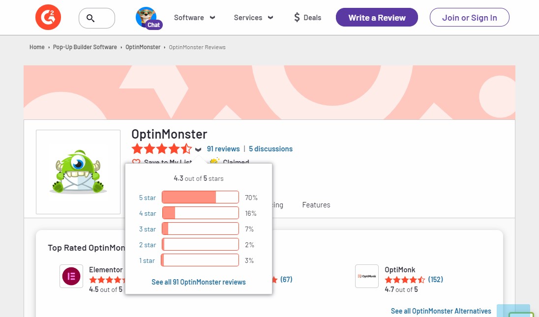 OptinMonster User Rating on G2 Review Site