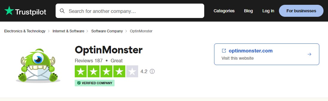 OptinMonster User Rating on Trustpilot Review Site