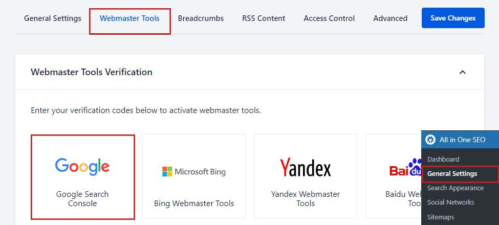 Webmaster Tools Verification in All in One SEO