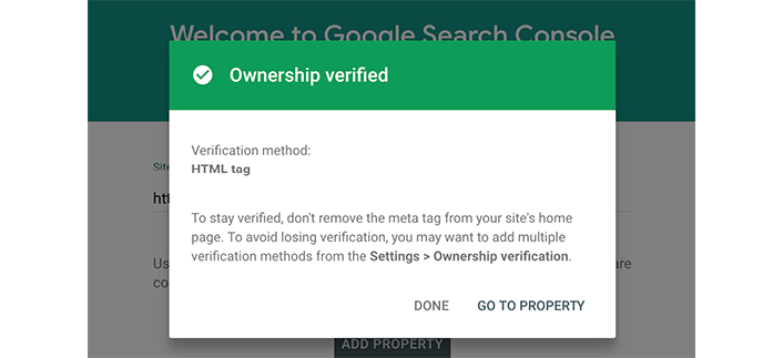 Ownership Verified Success Message in Google Search Console