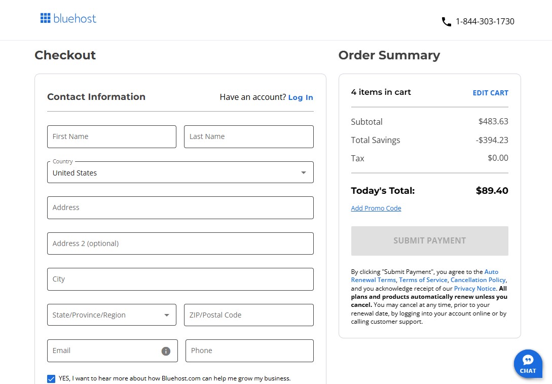 Bluehost Checkout