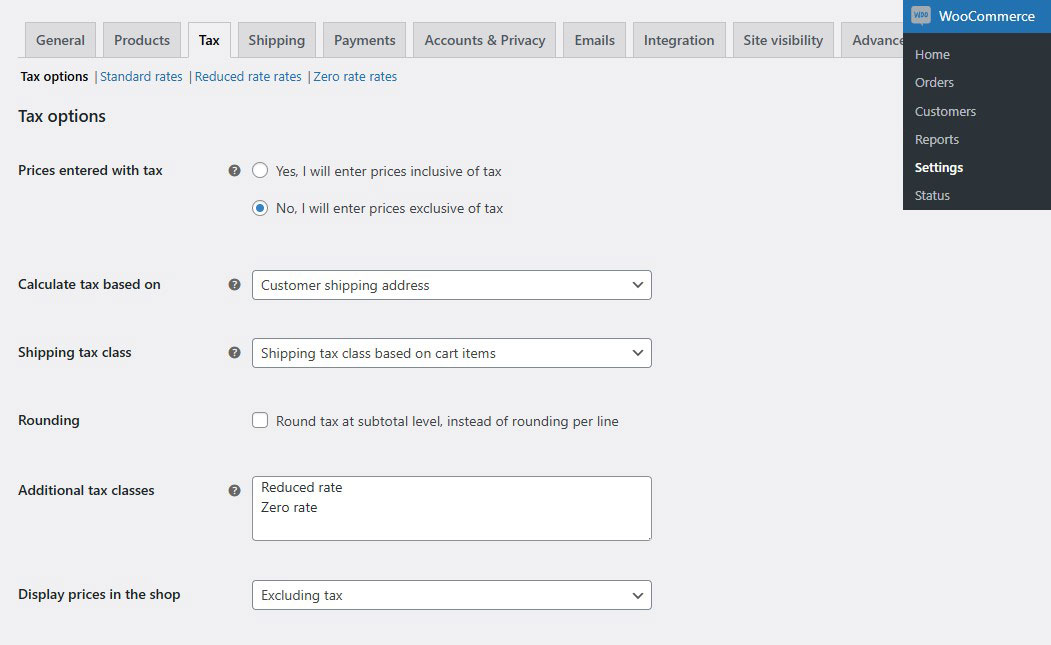 WooCommerce Tax options