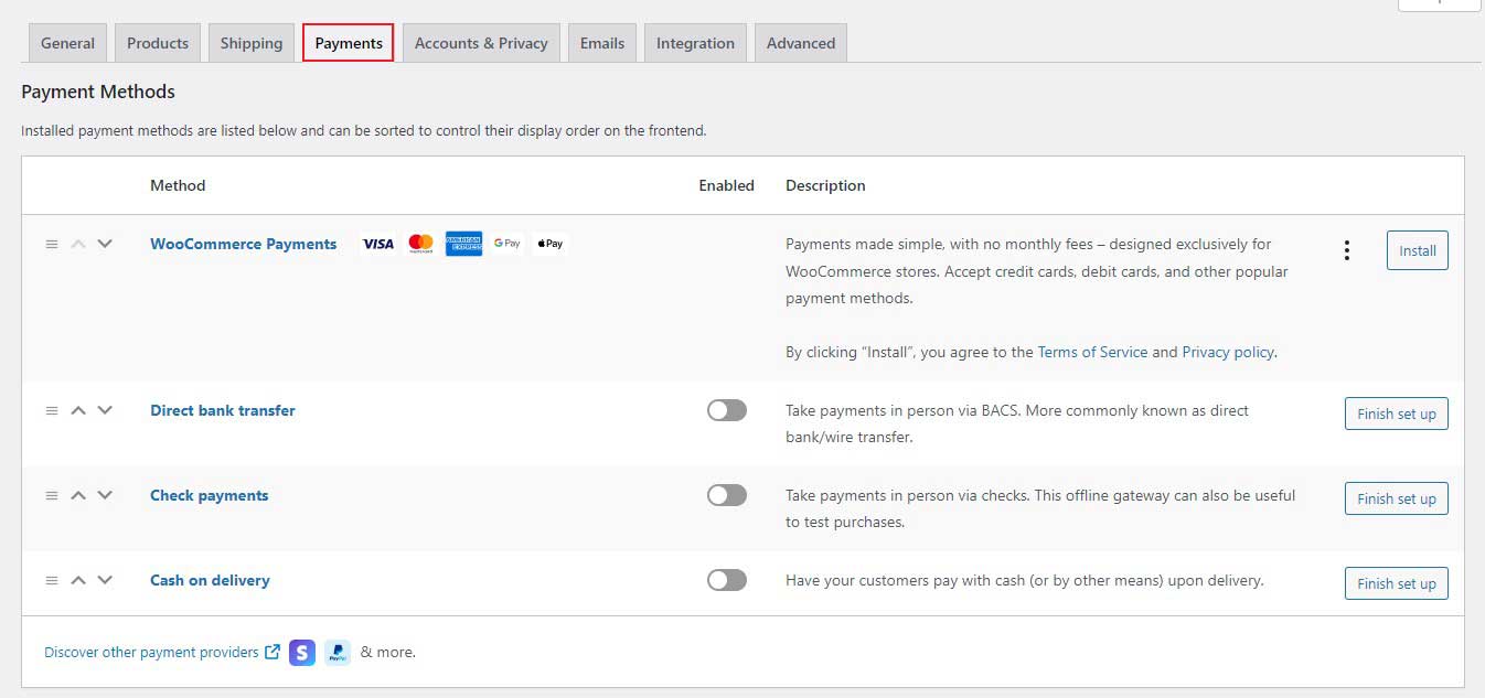 WooCommerce Payments Methods