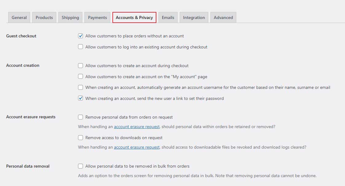 WooCommerce Accounts and Privacy
