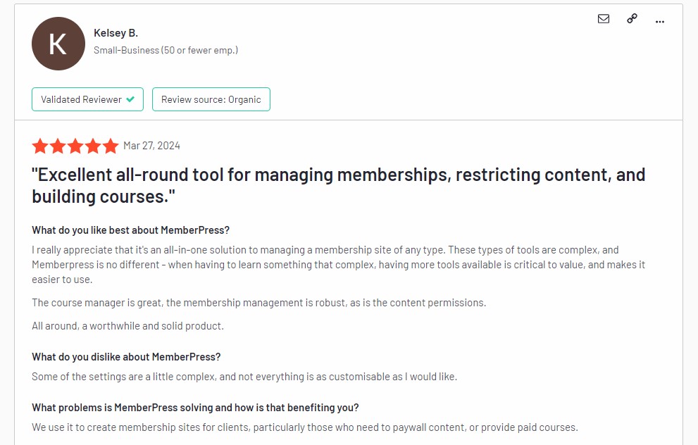 MemberPress User Review on G2 Website