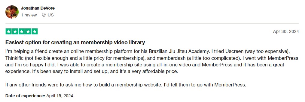 MemberPress User Review on Trustpilot Website
