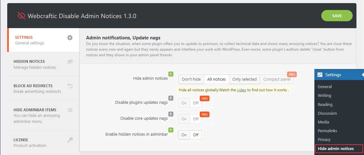 Disable Admin Notices individually Plugin Settings