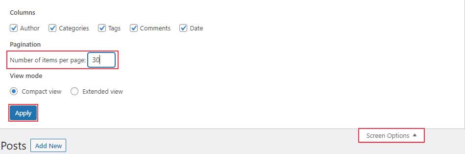WordPress Posts Per Page Option Under Screen Options