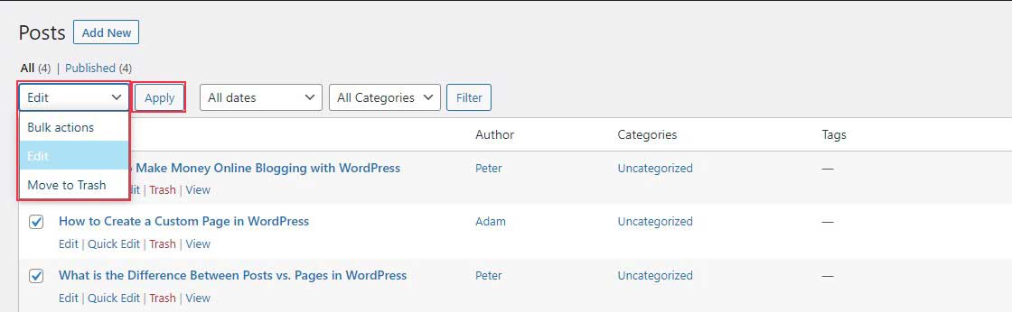 Select Edit Form Bulk Options