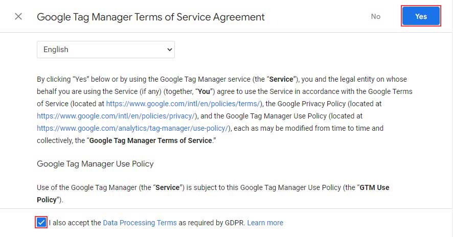 Accept Google Tag Manager Terms of Service