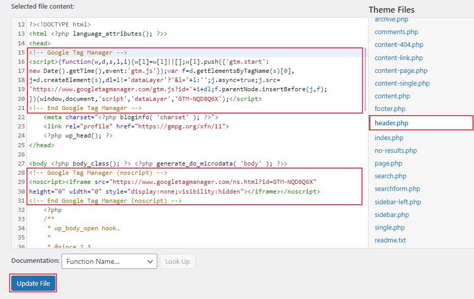 Add Google Tag Manager Code in WordPress Theme File Editor header.php File