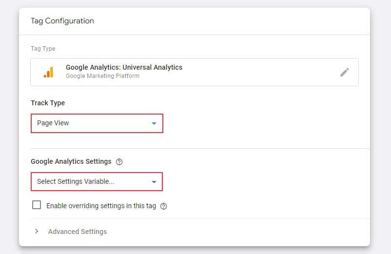 Configure Track Type and Google Analytics Settings