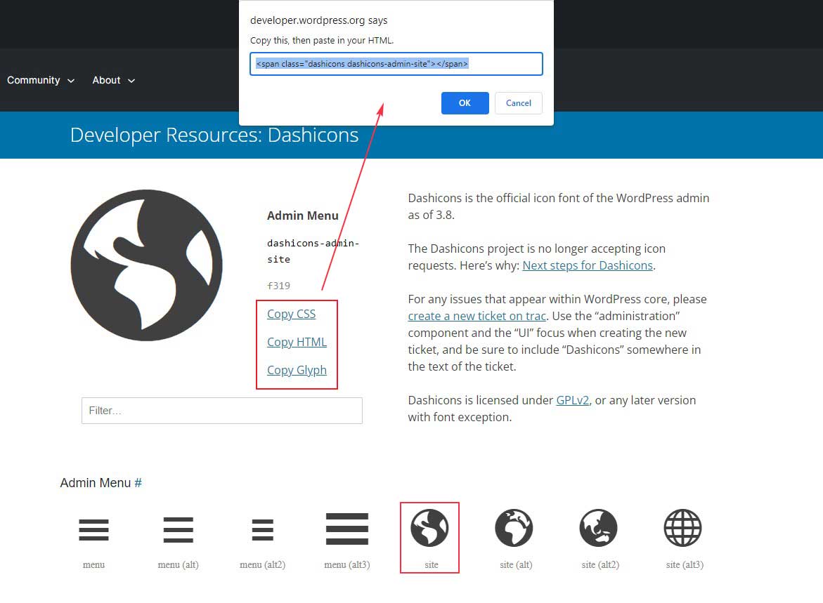 Get Dashicons HTML and CSS Code
