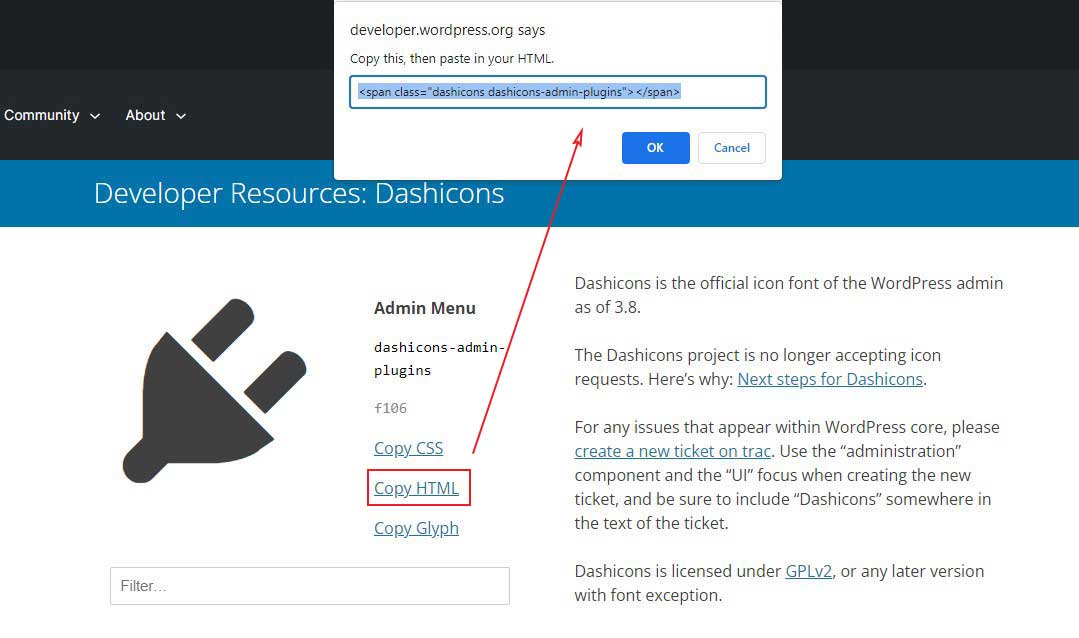 Copy Dashicon HTML Code for WordPress Posts and Pages