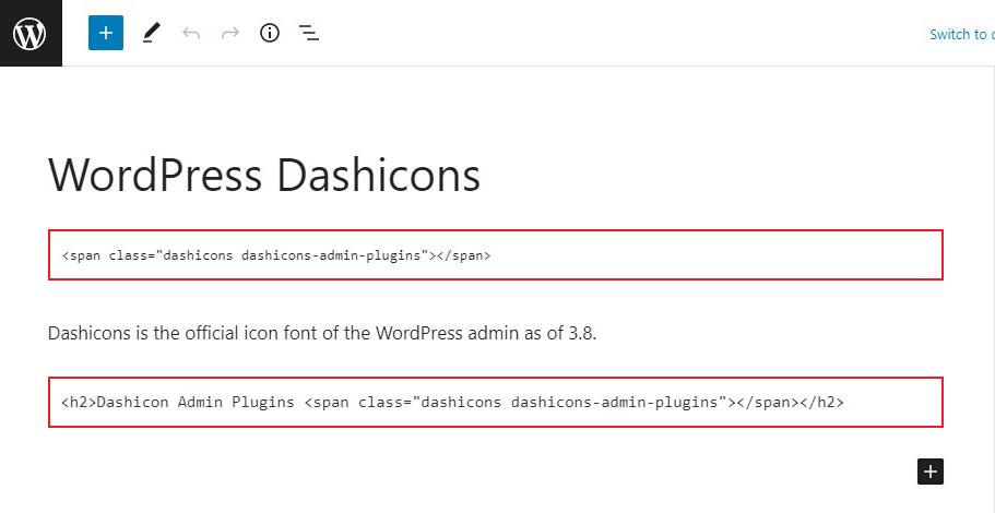 Add Dashicon to WordPress post and Page