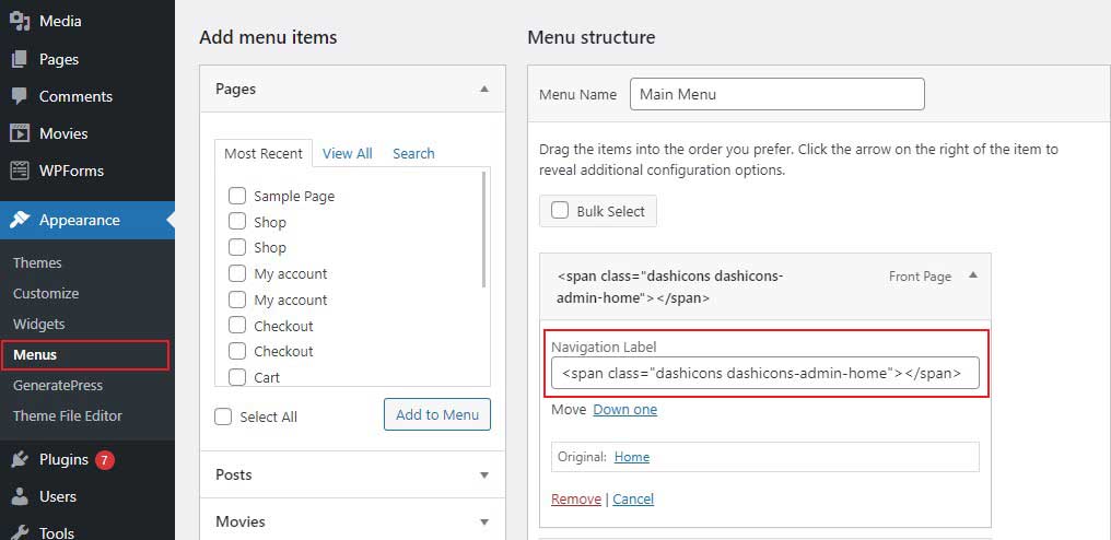 Adding Dashicon to WordPress Navigation Menu