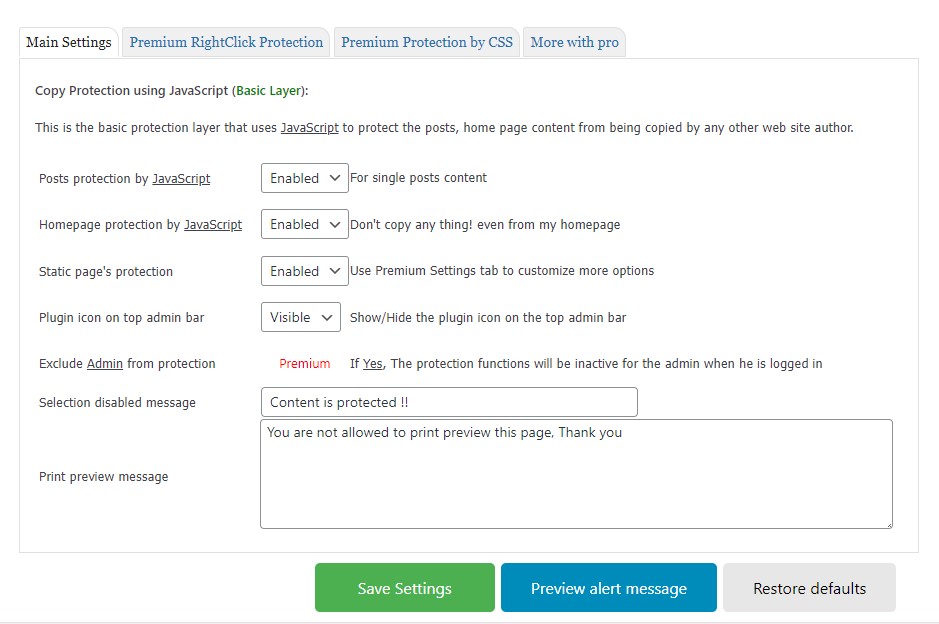 WP Content Copy Protection Plugin Settings