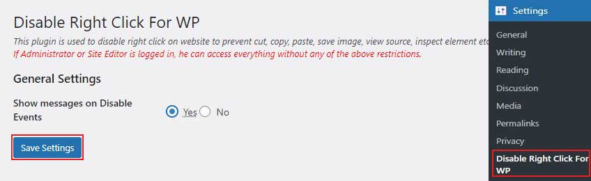 Configuring General Settings in Disable Right Click for WP Plugin