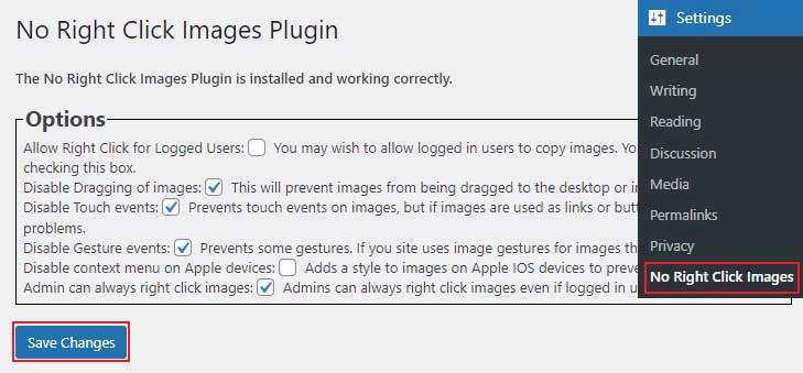 Configuring Settings in No Right Click Images Plugin