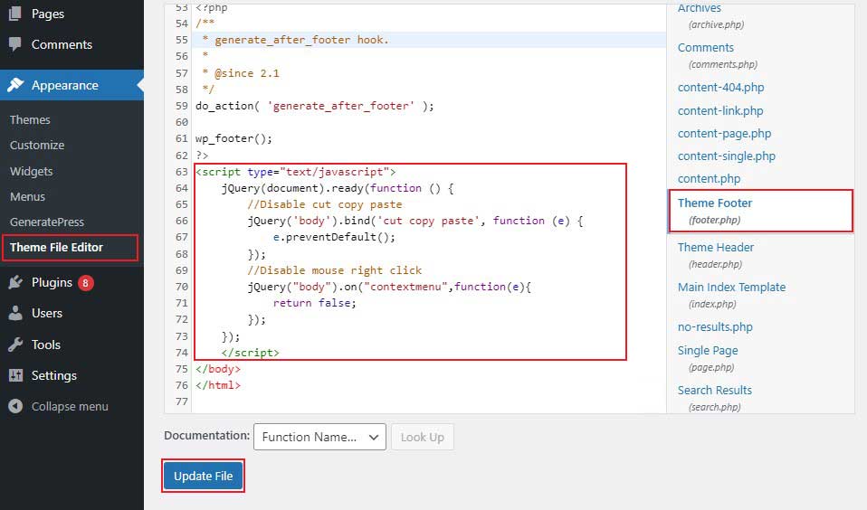 Write Disable Right Click jQuery Code in WordPress Theme Editor Footer File