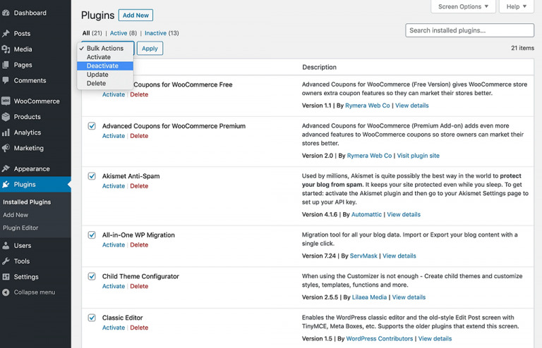 Disabling all WordPress plugins