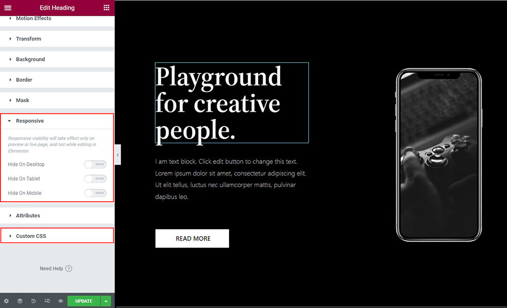 Elementor Responsive and Custom CSS Option