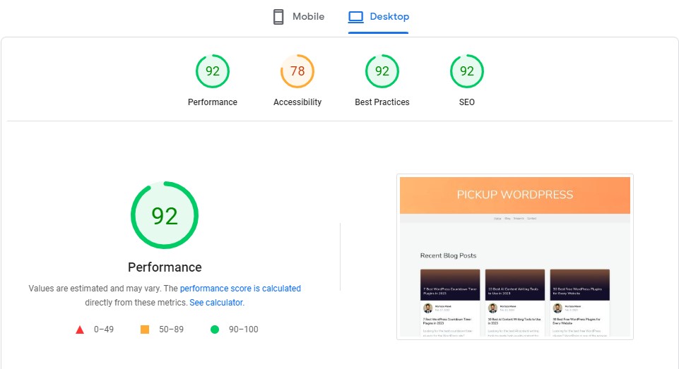 Google PageSpeed Insights Result for Pickup WP