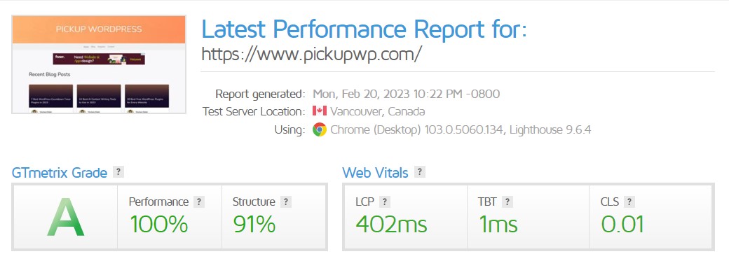 GTmetrix Reports for Pickup WP