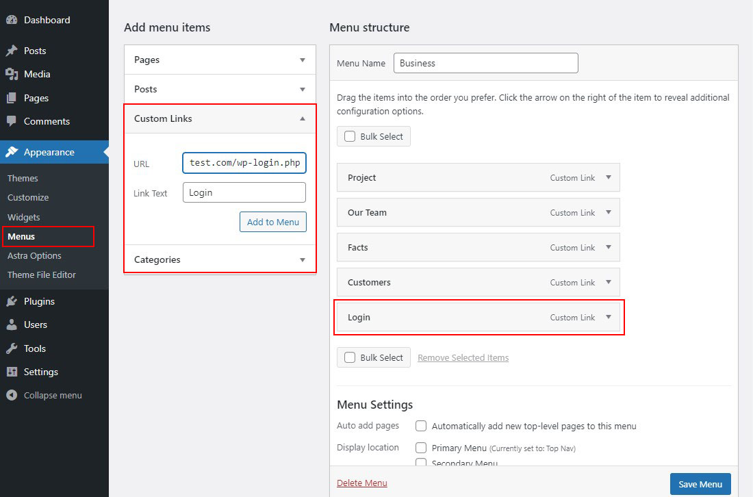 Add Login URL in WordPress Menu