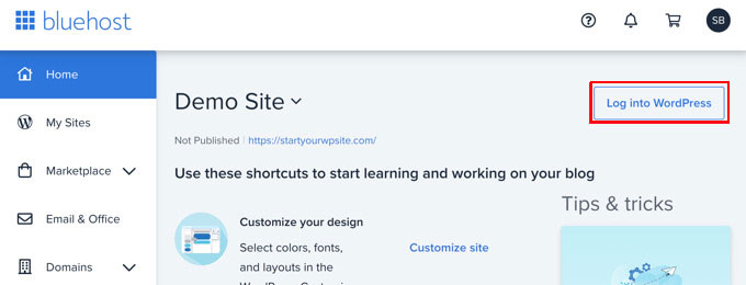 Log in to WordPress From Bluehost