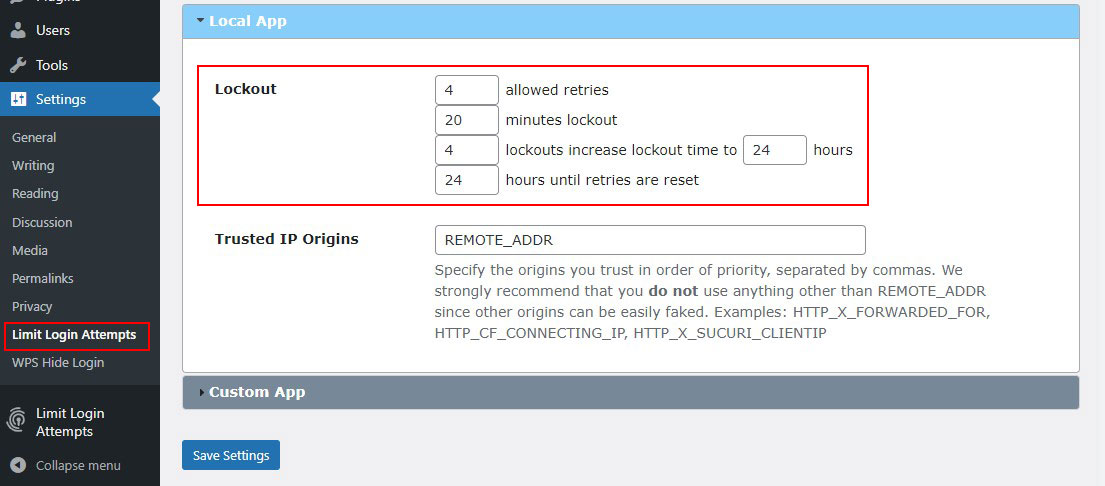 Limit Login Attempts Reloaded settings