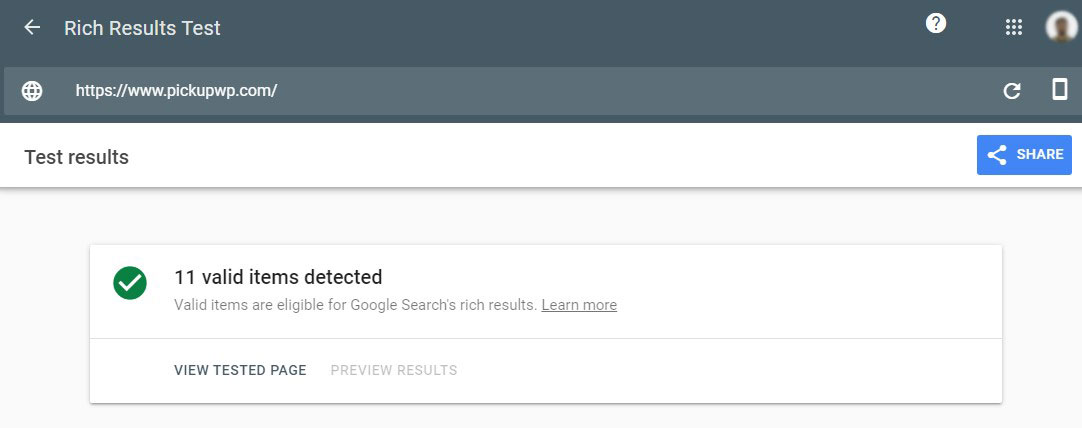 Google Structured Data Testing Tool Results for Pickup WP