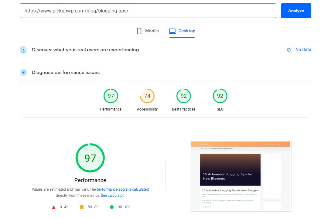 Google PageSpeed Insights Results for Pickup WP