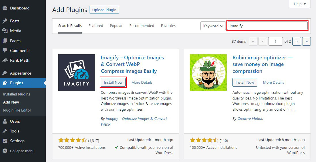 Install Imagify Plugin Form WordPress Dashboard