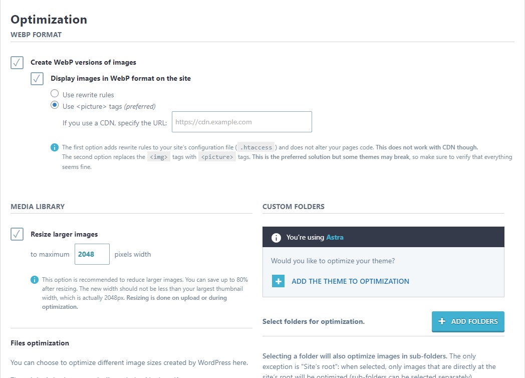 Imagify Optimization WebP Format Settings
