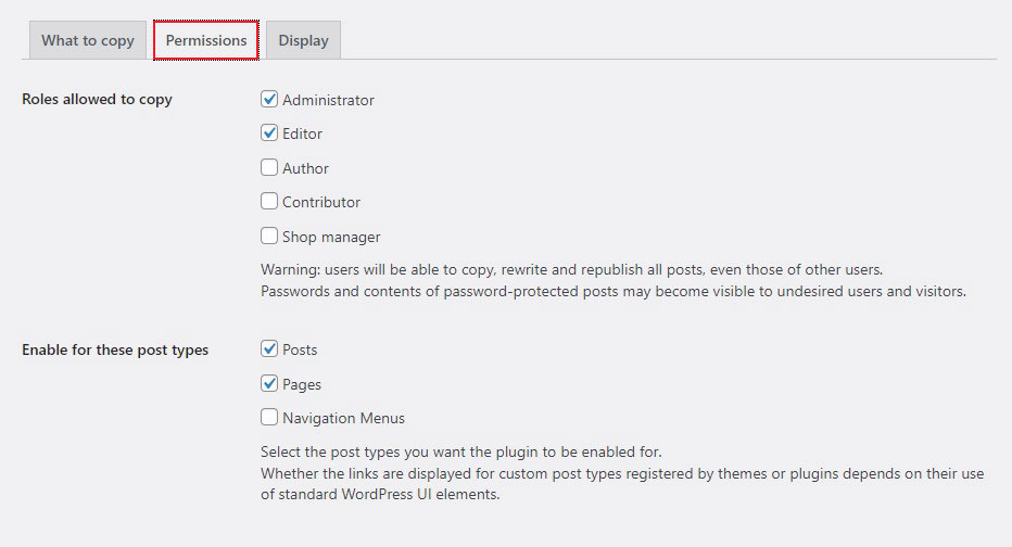 Duplicate Post Permissions Settings