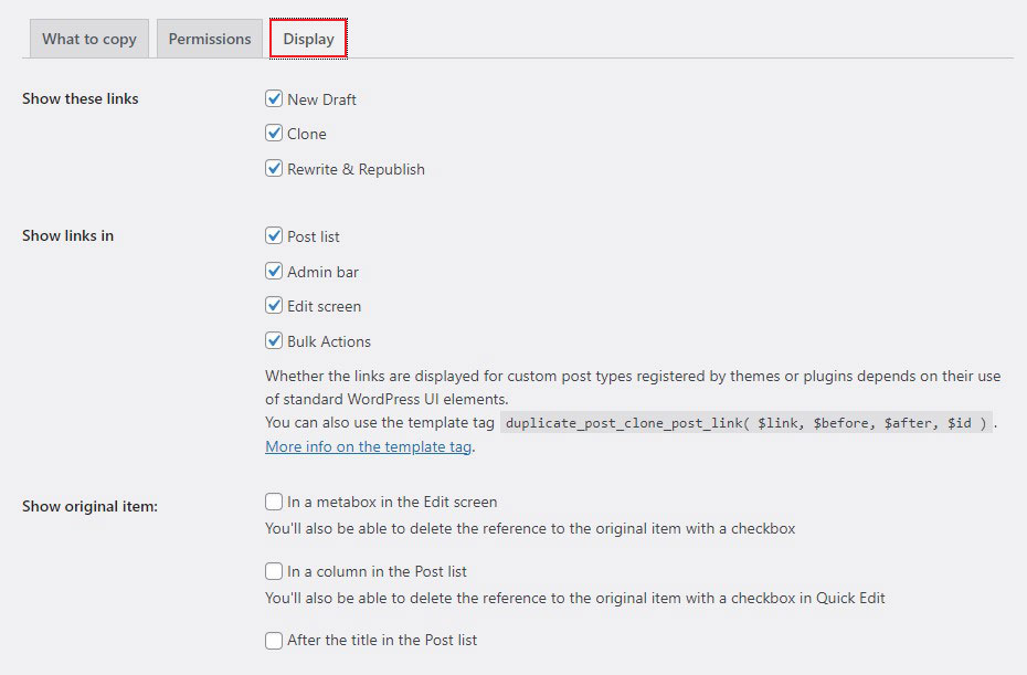 Duplicate Post Display Settings