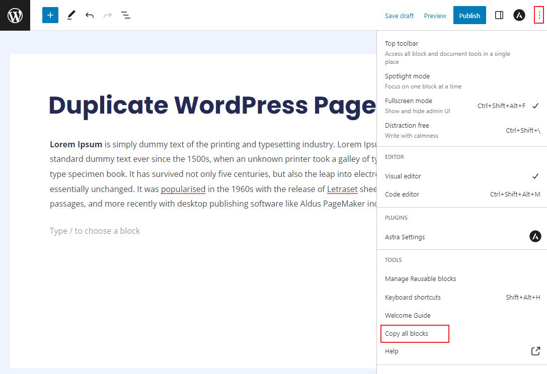 Duplicate a WordPress Page Using the Gutenberg Editor